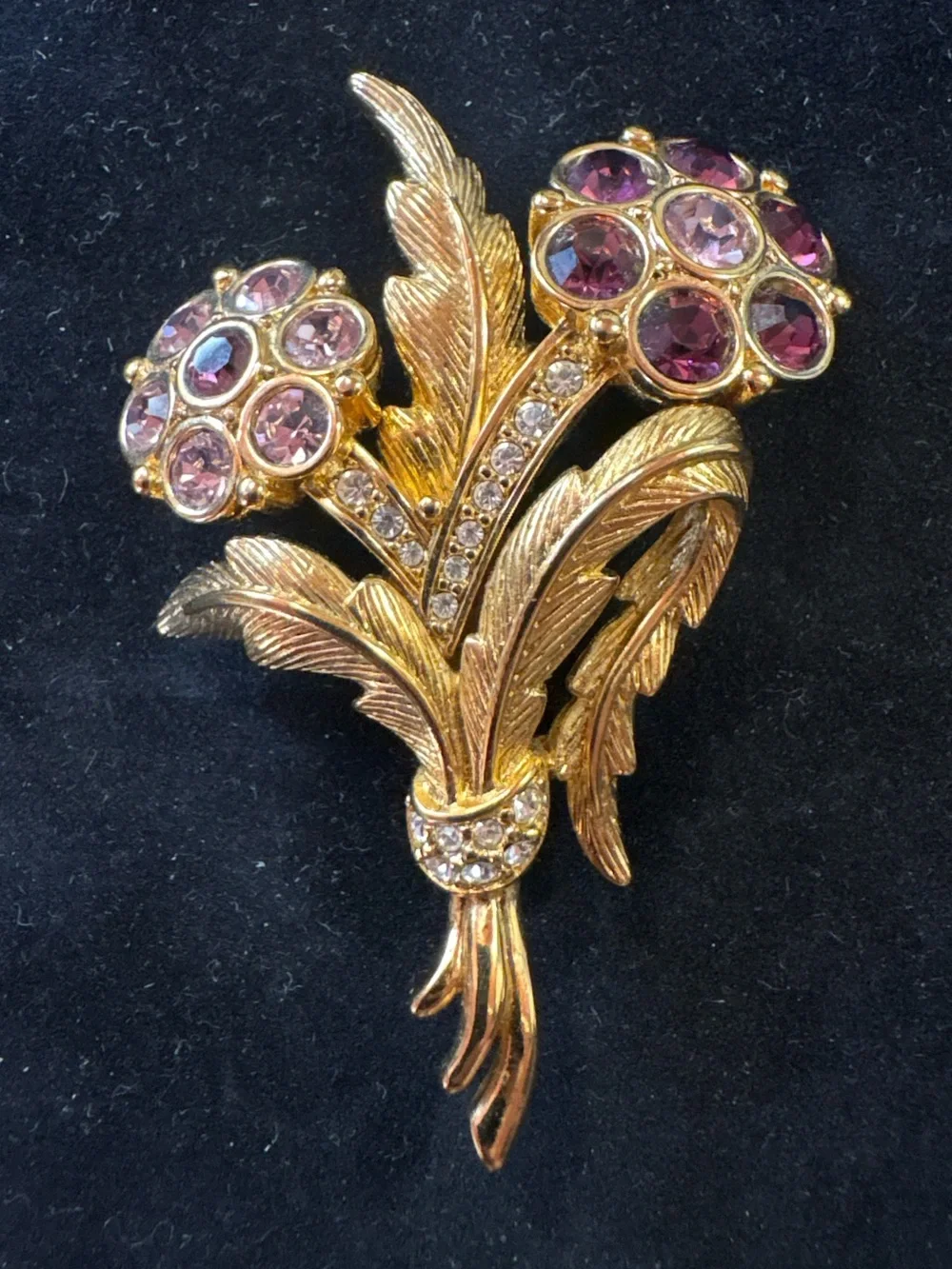 SIGNED SWAROVSKI Crystal Brooch Flowers Purple Pink Austrian Crystals Gold Plate